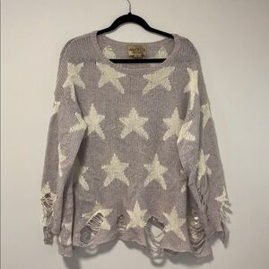 Wildfox Distressed Star Sweater in Lilac and Cream